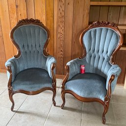 Awesome Pair Of Blue Velvet Upholstered Chairs