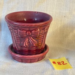 Red McCoy Art Pottery Flower Pot With Attached Underplate VINTAGE Bow Design