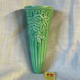 Green VINTAGE Art Pottery Tapered Wall Pocket, Vase