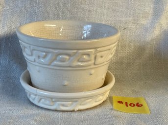 McCoy Cream White 'Greek Key' Flower Pot With Attached Underplate VINTAGE Art Pottery