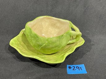 Wannopee - New Milford, CT Pottery 'Lettuce Leaf' Cup & Saucer - Antique Majolica