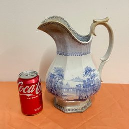 Antique English Blue And White Ceramic Pitcher