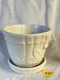 Winter White Vintage Art Pottery Flower Pot With Attached Underplate