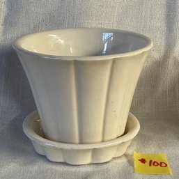 McCoy Winter White Flower Pot With Attached Underplate VINTAGE Art Pottery