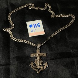 Sterling Silver Jesus Crucifix Anchor Necklace 21' Long Chain - Nautical