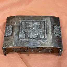 Vintage Mexican Cigarette Box, Trinket Box .900 Silver (?) Aztec Design