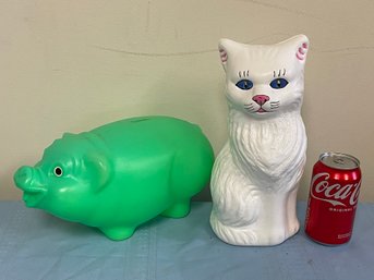 Vintage Pig & Cat Blow Mold Plastic Banks