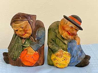Pair Of Chalkware/Plaster Old Man & Woman Bookends VINTAGE Mid-Century