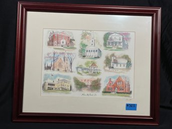 New Milford, CT Landmarks Hand Colored Print By Dennis Stuart - Signed & Framed