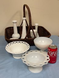 Milk Glass Basket Lot - Bowls, Vases - Vintage