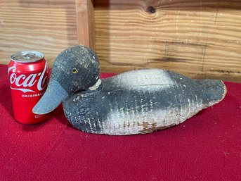 Antique Carved Wood Duck Decoy With Glass Eyes & Lead Weight