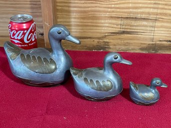 Set Of 3 Mixed Metal Duck Covered Trinket Dishes, Jewelry Boxes