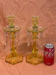 Pair Of Yellow Glass Candle Holders With Hanging Crystals