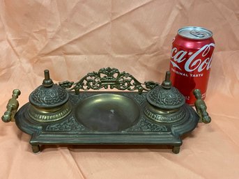 Vintage Brass Double Inkwell Desk Set