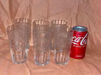 Set Of 6 Vintage Etched Glass Drinking Glasses VERY NICE