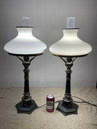 Excellent Pair Of Table Lamps - Milk Glass Shades & Chimneys