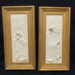 Pair Of Vintage Plaster Relief Sculpture Plaques, Mid-Century Gold Frame