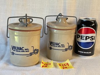 Pair Of Vintage VELVAC INC. Advertising Stoneware Cheese Crock (New Berlin, Wisconsin)