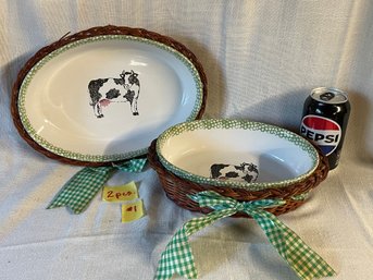 (2) Teamson Stoneware Cow Dishes With Wicker Baskets