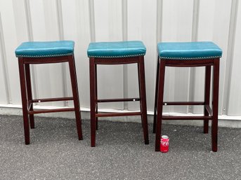 Set Of 3 Counter Height Bar Stools With Turquoise Vinyl Cushions