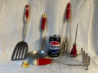 Red Handle Kitchen Utensils VINTAGE Lot #14 Spatula, Masher, Etc.