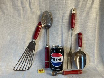 Red Handle Kitchen Utensils VINTAGE Lot #15 Batter Beater, Scoop, Meat Fork, Etc.