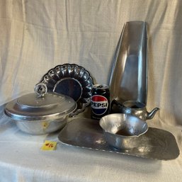 Vintage Hammered Aluminum & Mid-Century Stainless Steel Table Serving Pieces