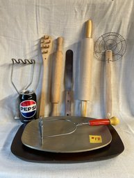 Wooden Cooking Utensils, Rolling Pins & Cast Aluminum Plate With Tray