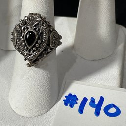 Vintage Sterling Silver 'Poison Ring' Black Onyx & Marcasite - Size 6.75