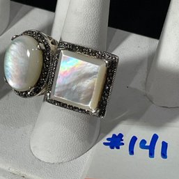 Double Mother Of Pearl Jumbo Sterling Silver Cocktail Ring, Size 8