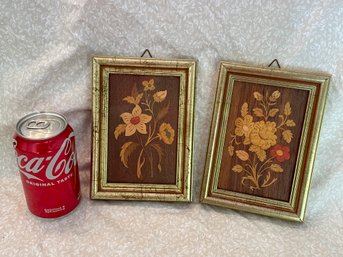 Pair Of Lovely Inlaid Wood Floral Marquetry Frames - Vintage