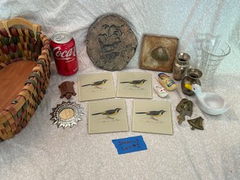 Lot #1 Smalls In Basket - Bird Coasters, Brass Hooks, Vases, Etc.