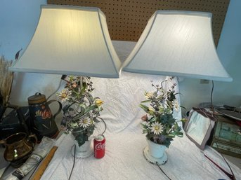 Pair Of Metal Table Lamps - Fun Flower, Garden Motif