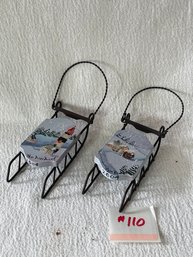 2 Miniature Hand Painted Sleds - Signed