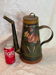 Antique Style Tole Painted Coffee Pot 2005 Signed - Very Well Done Toleware