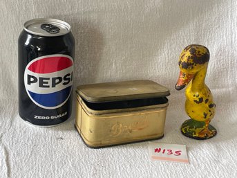 Antique Solid Cast Iron Duck Paperweight (Hubley) & Miniature Bread Box Tin