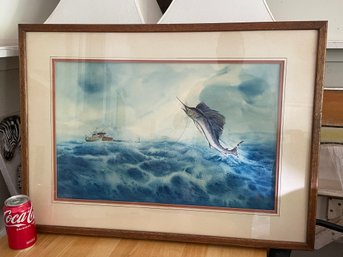 Pat Mongelli Ocean Fishing Boat, Jumping Sailfish Watercolor Painting