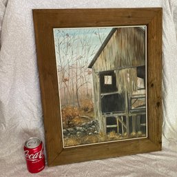 Oil On Canvas Barn Painting - Signed Jaye Roy - Nice Wood Frame