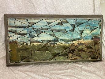 Mid-Century Prairie Painting On Cut Wood Blocks Signed ENO Brutalist, Natural