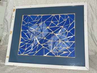 Blue & White Abstract Painting Signed F.C.M. 1977 Mid-Century