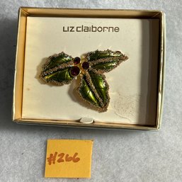 Liz Claiborne Holly Leaves And Berries Christmas, Holiday Brooch/Pin