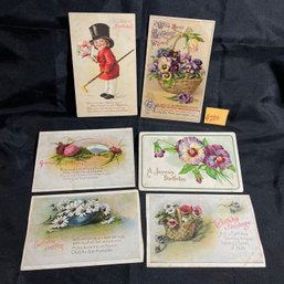 (Lot Of 6) Antique Birthday Greetings Postcards - Beautiful Illustrations, Early 1900s