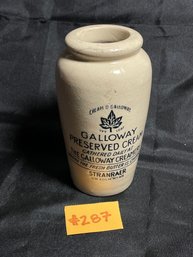 Galloway Preserved Cream Stoneware Pot, Jar - Stranraer, Scotland ANTIQUE Original