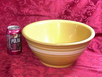 Large Antique Yellow Ware Mixing Bowl With White Stripe