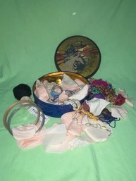 Vintage Peacock Tin With Sewing Supplies - Fabric, Embroidery Floss, Etc.