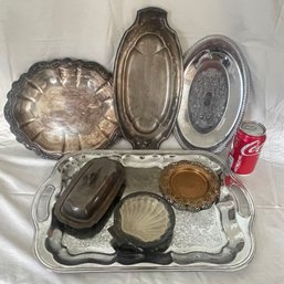 Lot Of Vintage Silverplate & Chrome Plates - Butter Dish, Shell Dish