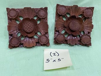 (2) Hand Carved Floral Wood Plaques 5' X 5'