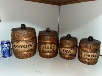 Set Of 4 Mid-Century Ceramic Barrel Kitchen Canisters VINTAGE