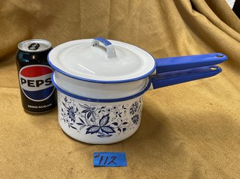 Blue & White Enamel Double Boiler Pot - Vintage Kitchen