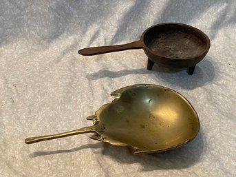 Brass Horseshoe Crab & Cast Iron Dishes - Ashtrays